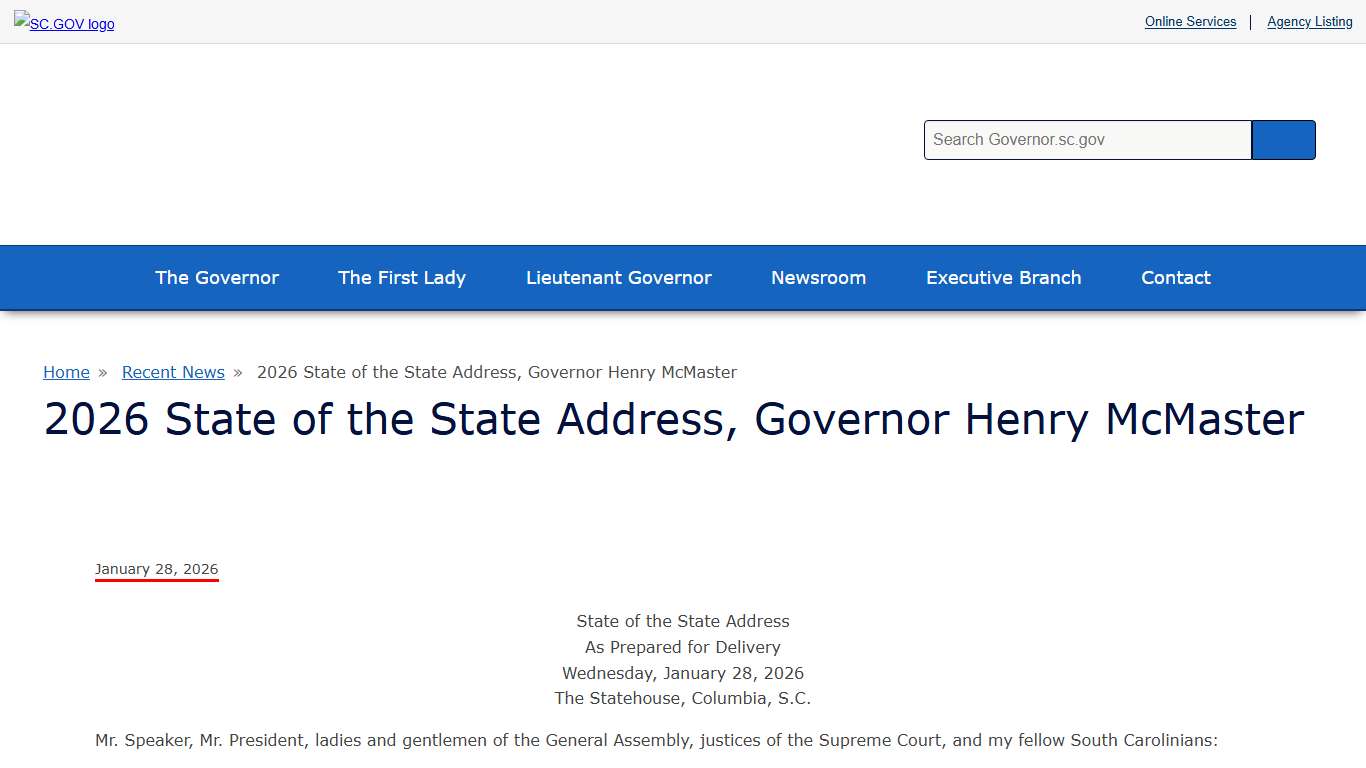 2026 State of the State Address, Governor Henry McMaster S.C. Governor Henry McMaster