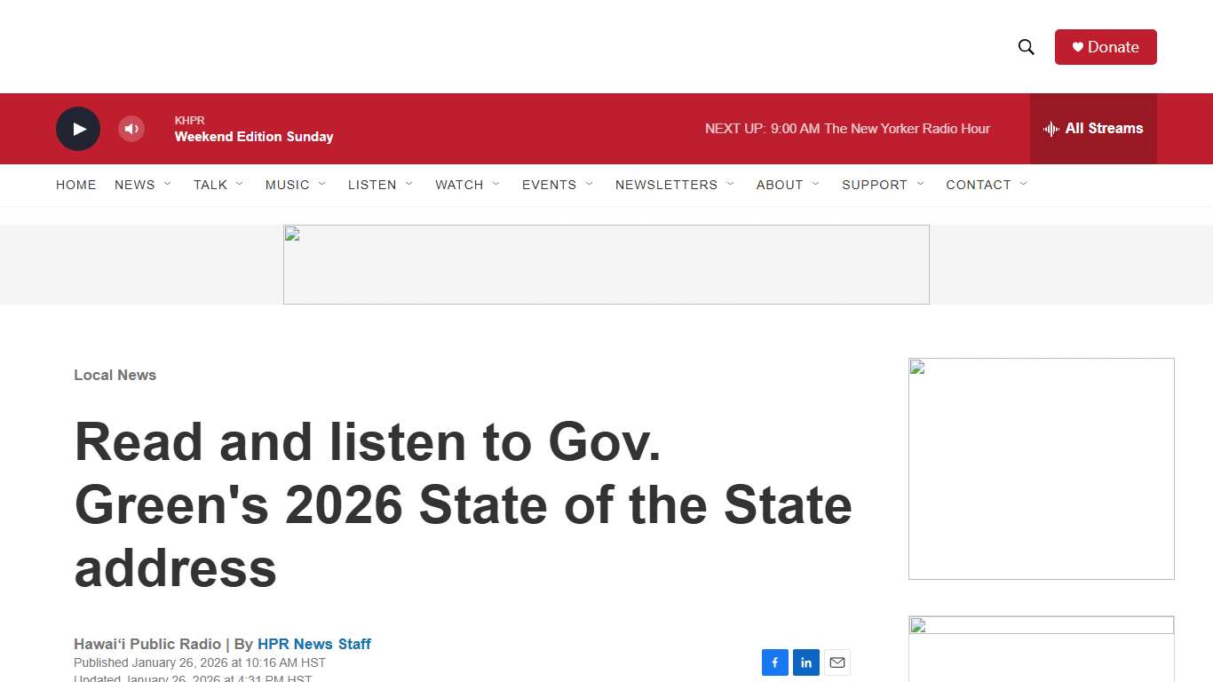 Read and listen to Gov. Green's 2026 State of the State address Hawai'i Public Radio